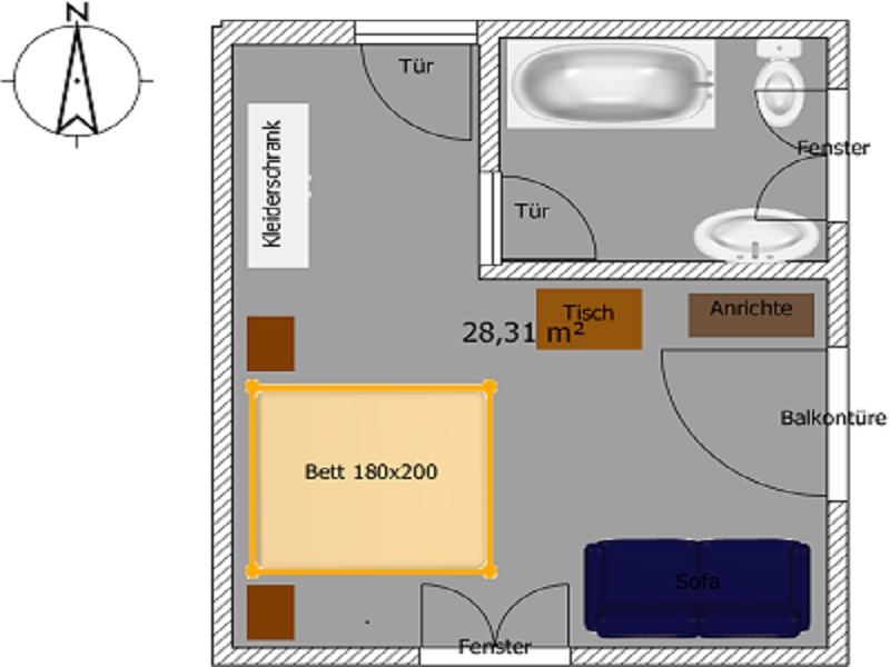 Skizze Doppelzimmer mit Balkon Nr. 1 + 7